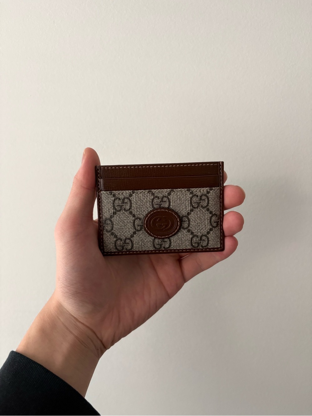 Gucci Brown GG Canvas Card Case with Leather Trim